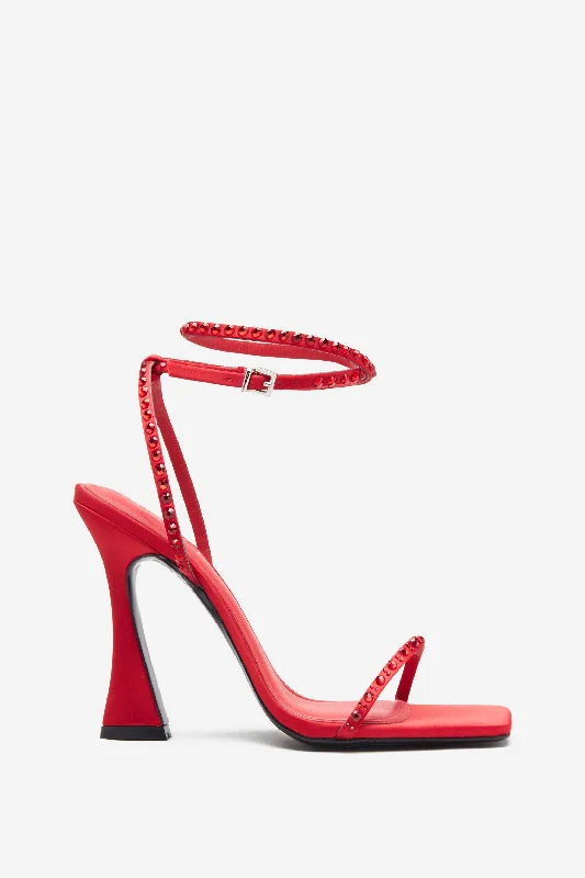 Stylish and elegant women's shoes for weddingsNostalgia | Bright Red Satin Heeled Sandals With Diamante Straps