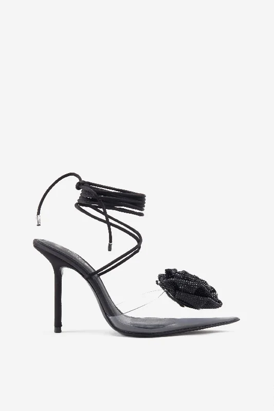 Comfy and stylish women's shoes for everyday casual wearSharpened | Black Lace-Up Clear Stiletto Heels With Diamante Flowers
