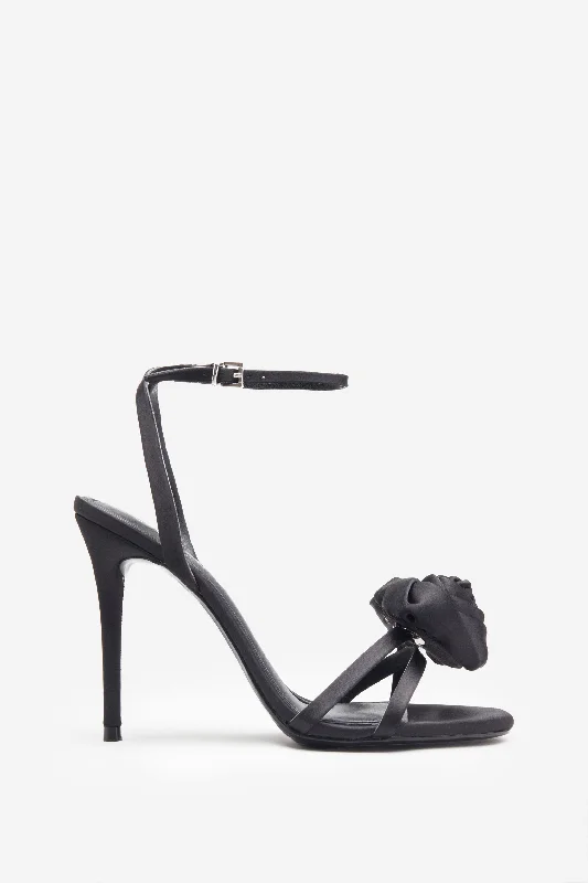 Feminine and dainty women's shoe designsSweet Step | Black Satin Strappy Heeled Sandals With Flowers