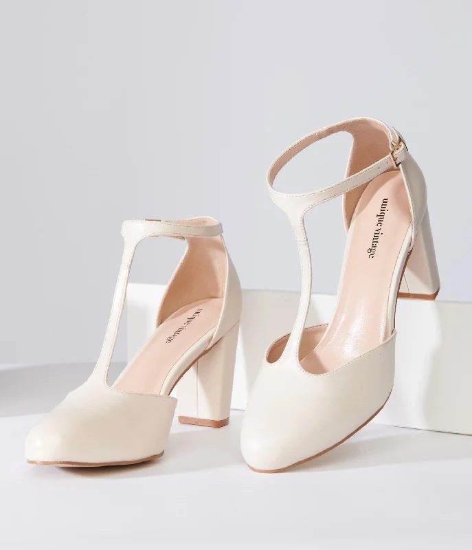 Elegant and sophisticated women's shoes for elegant eveningsUnique Vintage 1920s Beige Leatherette T-Strap Astaire Pumps