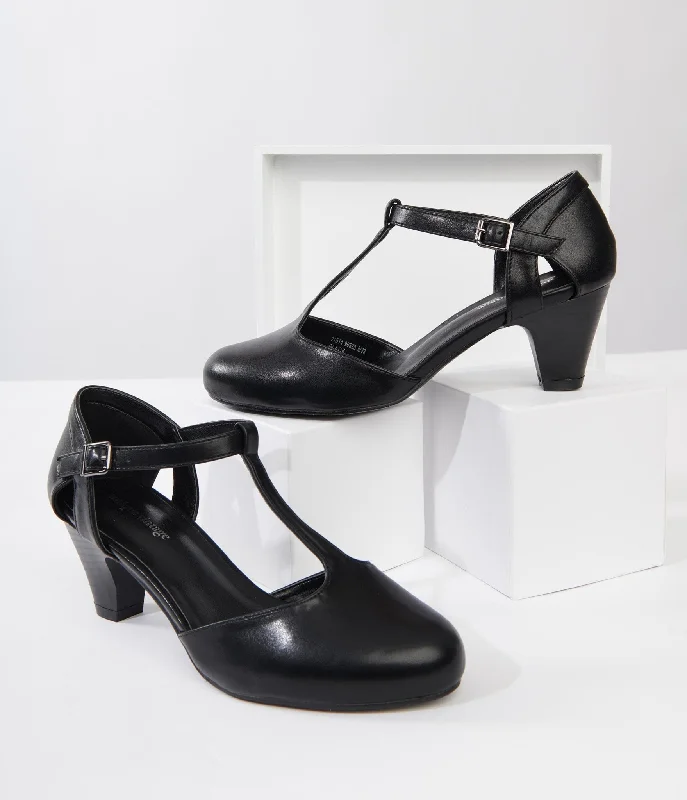 Versatile and stylish women's shoes for all occasions and seasonsUnique Vintage 1920s Black Leatherette Closed Toe T-Strap Roxy Pumps