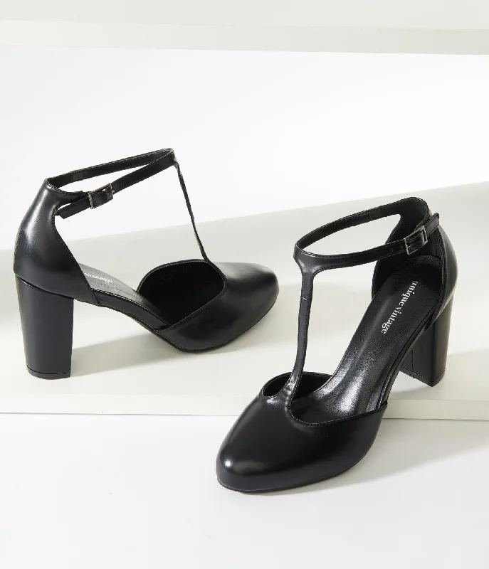 Chic and stylish women's shoes for fashion-conscious womenUnique Vintage Black Leatherette T-Strap Astaire Pumps