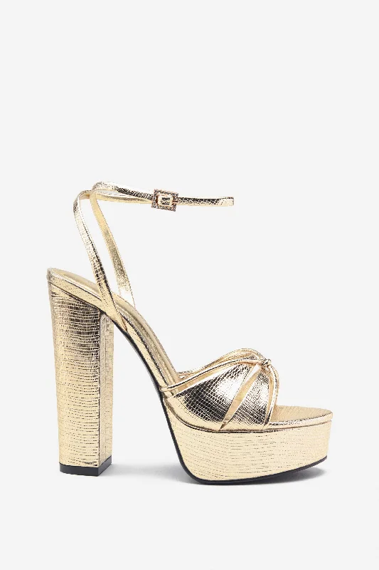 Flattering and stylish women's shoes for petite feetBold Soul | Gold Reptile Strappy Heeled Platform Sandals