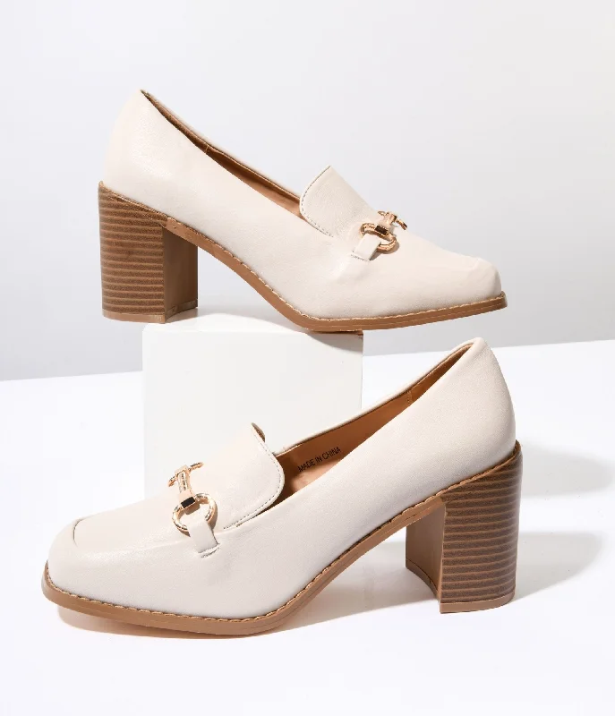 Colorful and vibrant women's shoe patternsCream Leatherette Block Heel Loafers