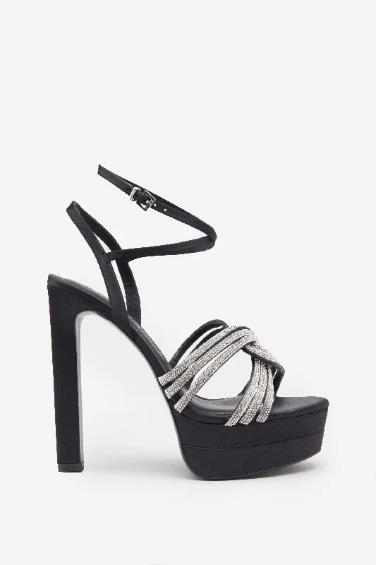 Luxurious and comfortable women's shoe options for special occasionsDoll Drama | Black Satin Diamante Strappy Platform Heels