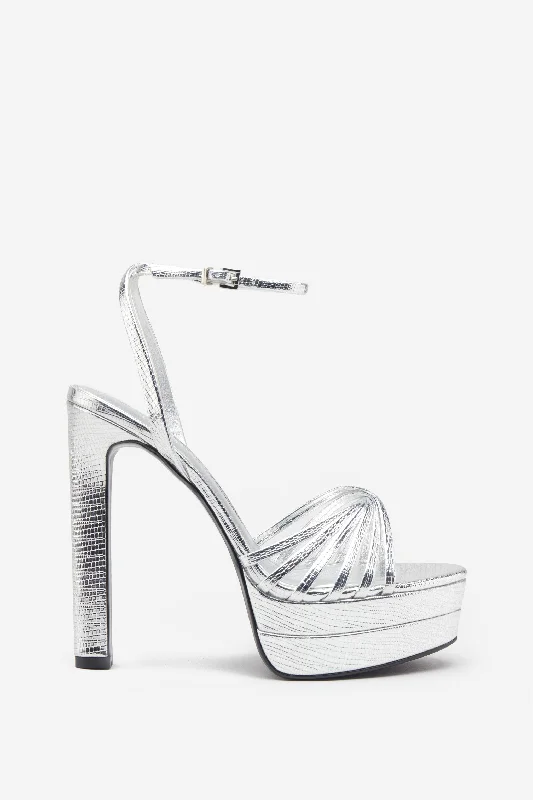Stylish and comfortable women's shoes for long flightsMirror Mirror | Silver Snakeskin Strappy Heeled Platform Sandals