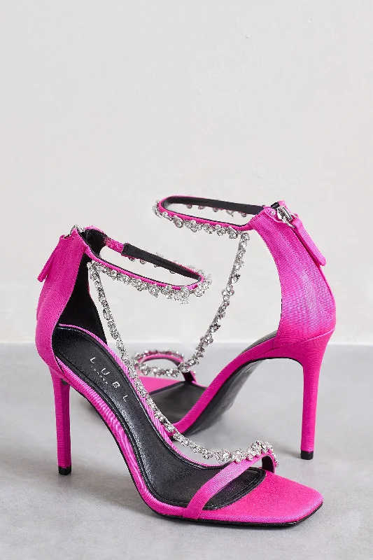 Bold and unique women's shoes for fashion-forward individualsOh Please | Pink Strappy Heeled Sandals With Diamante Chains