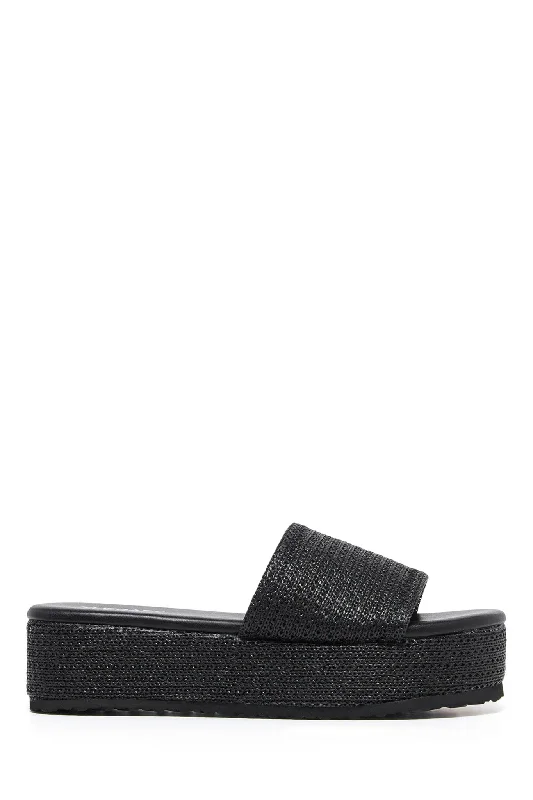 Stylish and supportive women's shoes for plantar fasciitisTHERAPY Avery Flatform Sandal Raffia Black