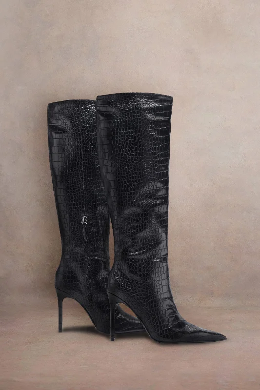 Flattering and stylish women's shoes for wide feetUptown | Black Croc Fitted Over-Knee Pointed Heeled Boots