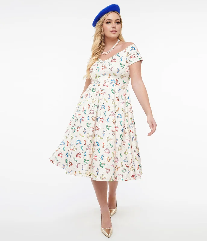 Comfortable and supportive women's shoes for all-day wearDolly & Dotty 1950s Cream & Multicolor Heels Swing Dress