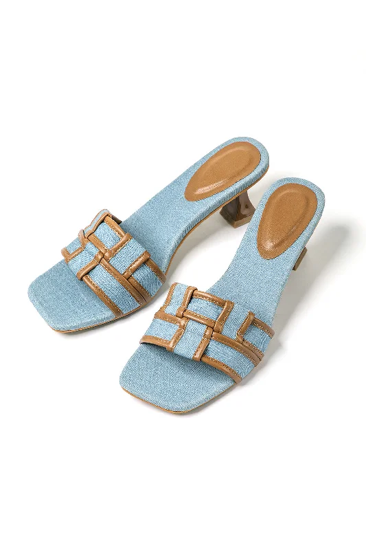 Chic and trendy women's shoes for the officeColor Block Faux Leather Denim Contrast Binding Asymmetrical Open Toe Mid Heel Sandals
