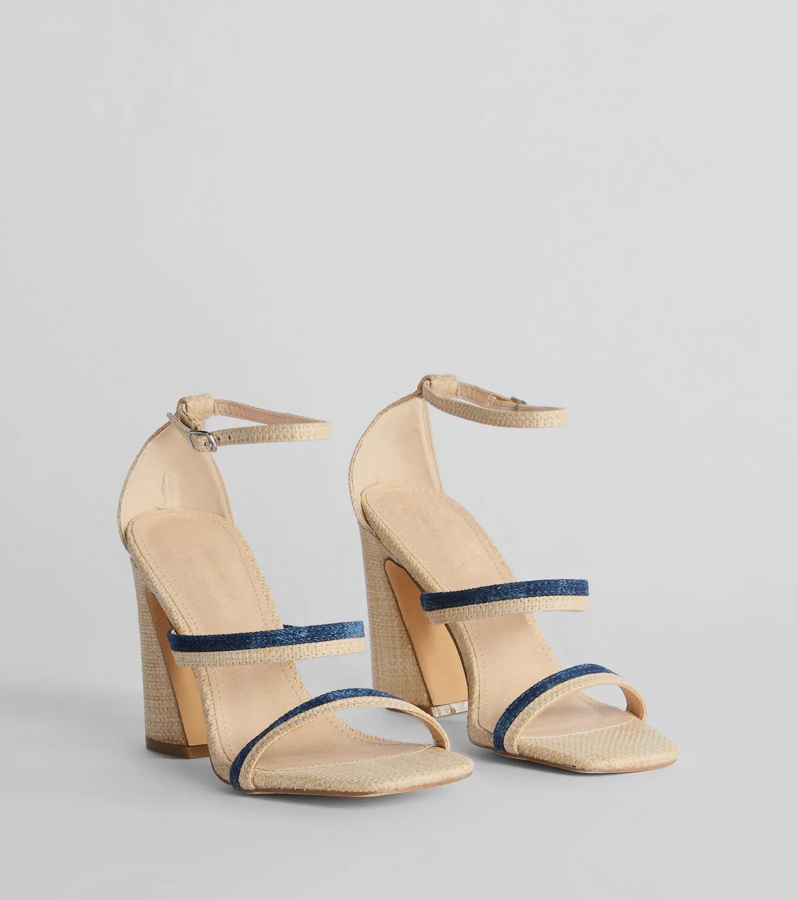 Comfy and casual women's shoes for the weekendSunshine Check Strappy Straw Denim Block Heels