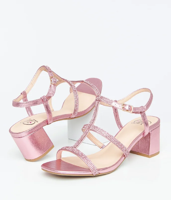 Feminine and romantic women's shoe designsPink Rhinestone Leatherette T-Strap Heels
