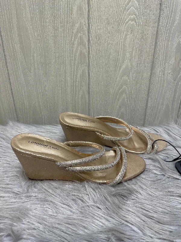 Durable and stylish women's shoes for outdoor activitiesSandals Heels Wedge By London Fog In Gold, Size: 9