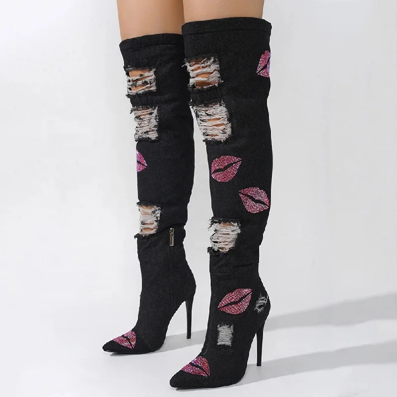 Stylish and supportive women's shoes for plantar fasciitisBig Size 44 Women Distressed Denim Over Knee High Boots Ladies Skinny Heels Thigh High Shoes Rhinestone Lips Jeans Long Booties