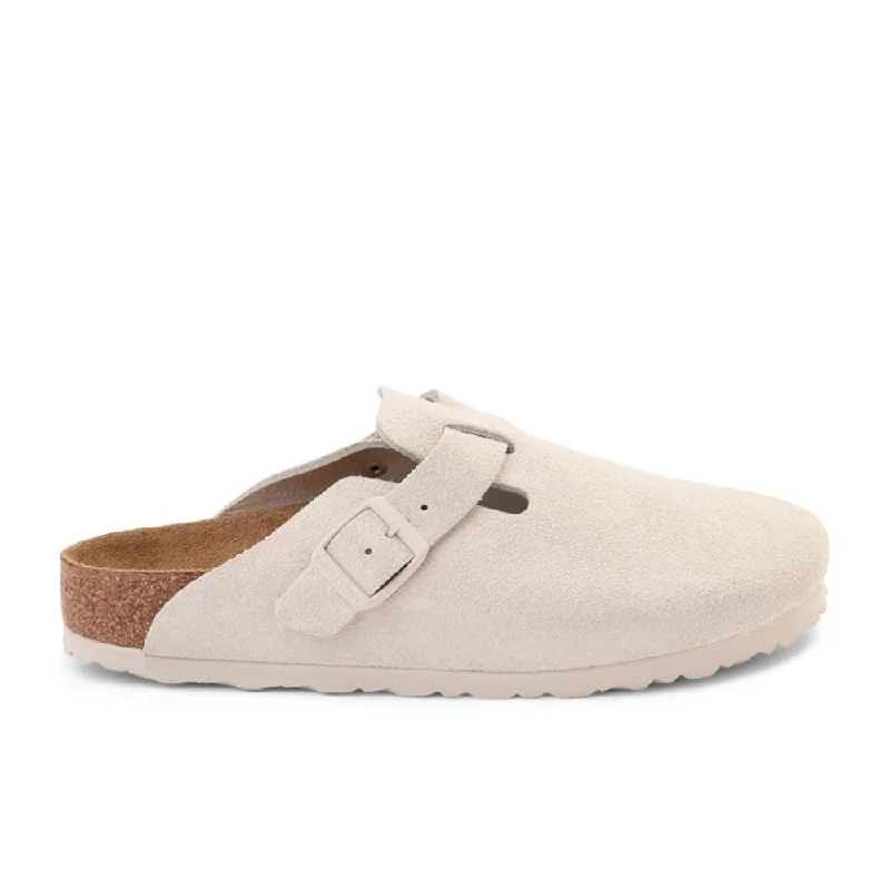 Feminine and dainty women's shoe designsBirkenstock Boston Soft Footbed - Antique White Suede