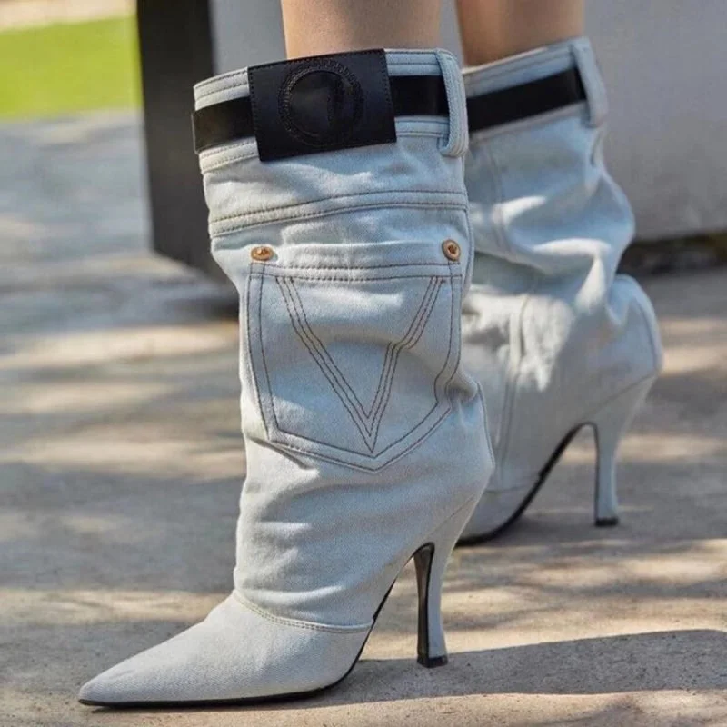 Chic and stylish women's shoes for garden partiesNew Western Style Botas Mujer Winter and Fall Sexy Stiletto Heels Blue Cut Jeans Heel Boots for Woman