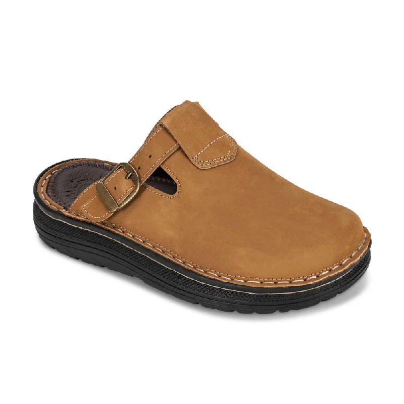 Classy and elegant women's shoes for formal eventsSawyer - Leather Clog-Toe Sandal | Tan Nubuck