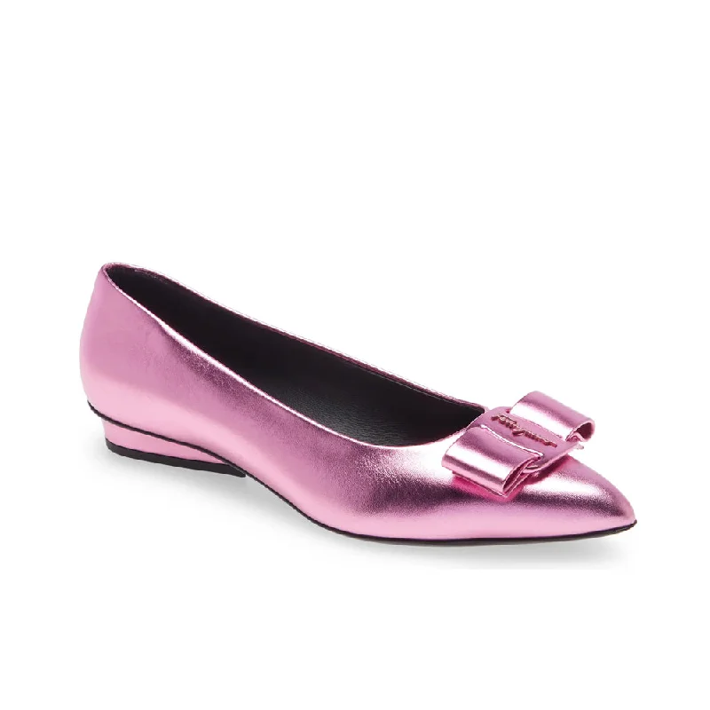 Stylish and comfortable women's shoes for long flightsSalvatore Ferragamo Women's Viva Bow Metallic Pointed Toe Leather Flat in Pink