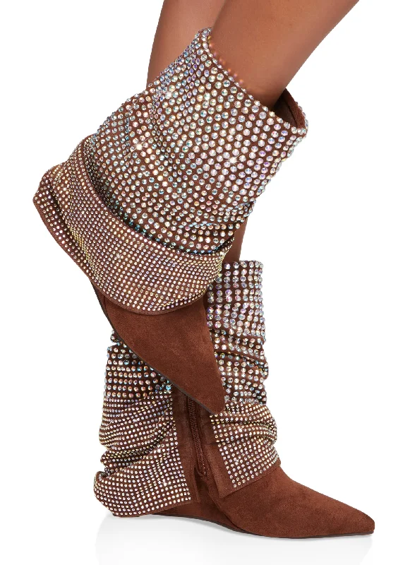 Effortlessly stylish women's shoe choicesFaux Suede Rhinestone Fold Over Wedge Booties