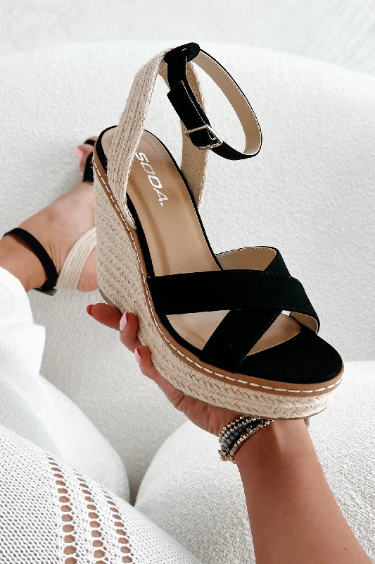 Comfortable yet fashionable women's shoesEndless Possibilities Cross Strap Espadrille Wedge Sandals (Black)