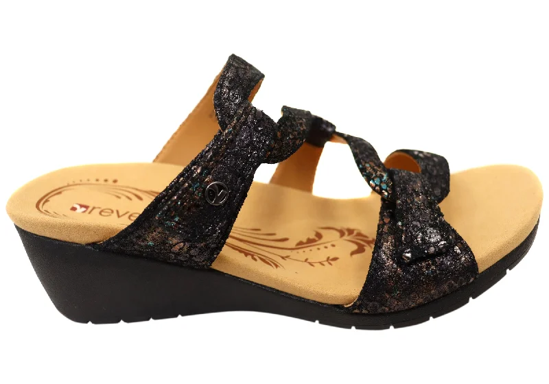 Flattering and stylish women's shoes for wide feetRevere Womens Sofia Wedge Leather Supportive Slides Sandals