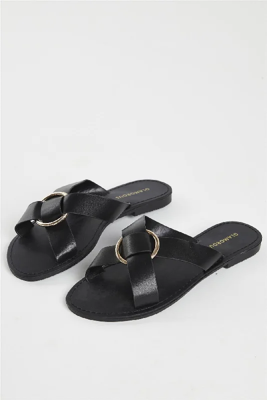 Elegant and classic women's shoes for bridal partiesBlack PU Flat Sandals