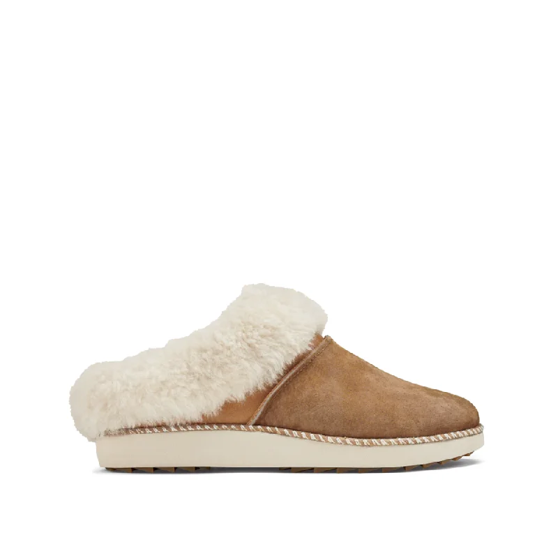 Durable and stylish women's shoes for active lifestylesOluKai Women's Ku'i Shearling Lined Slip On Clog Slipper in Tan