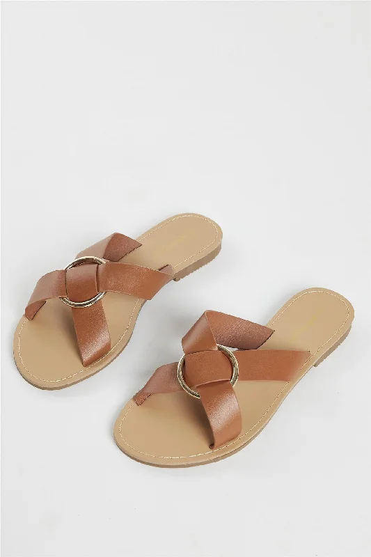 Elegant and sophisticated women's shoes for dinner datesTan PU Flat Sandals