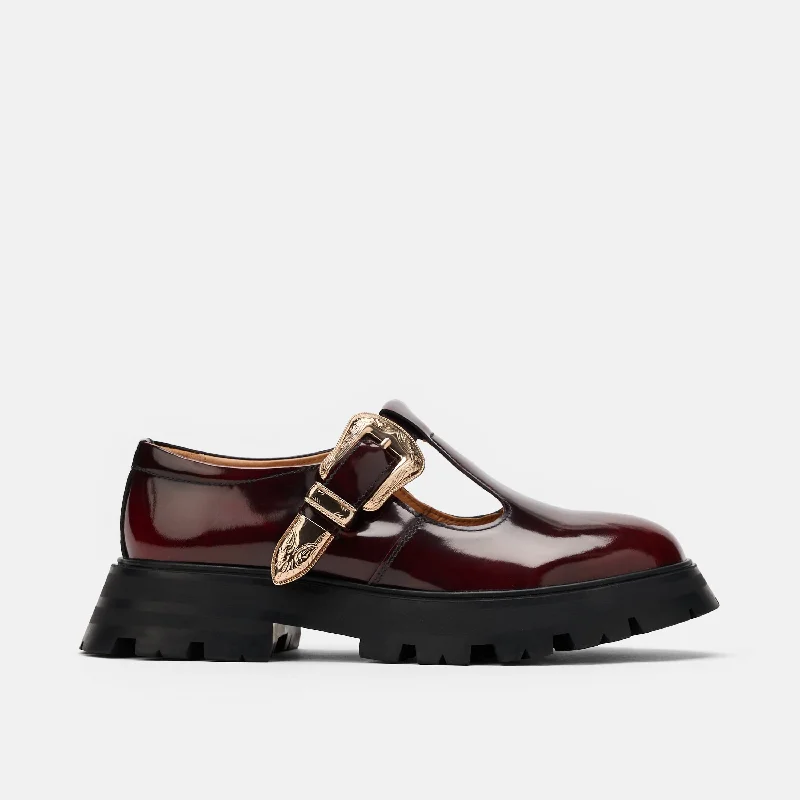 Stylish and supportive women's shoes for high archesCharli Wine Patent Leather Lug Mary Janes