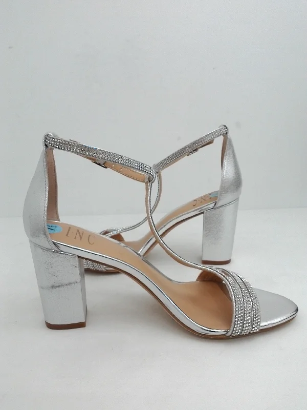 Elegant and sophisticated women's shoes for elegant eveningsINC International Concepts Women's Block Heel Silver Sandal Size 7.5 M