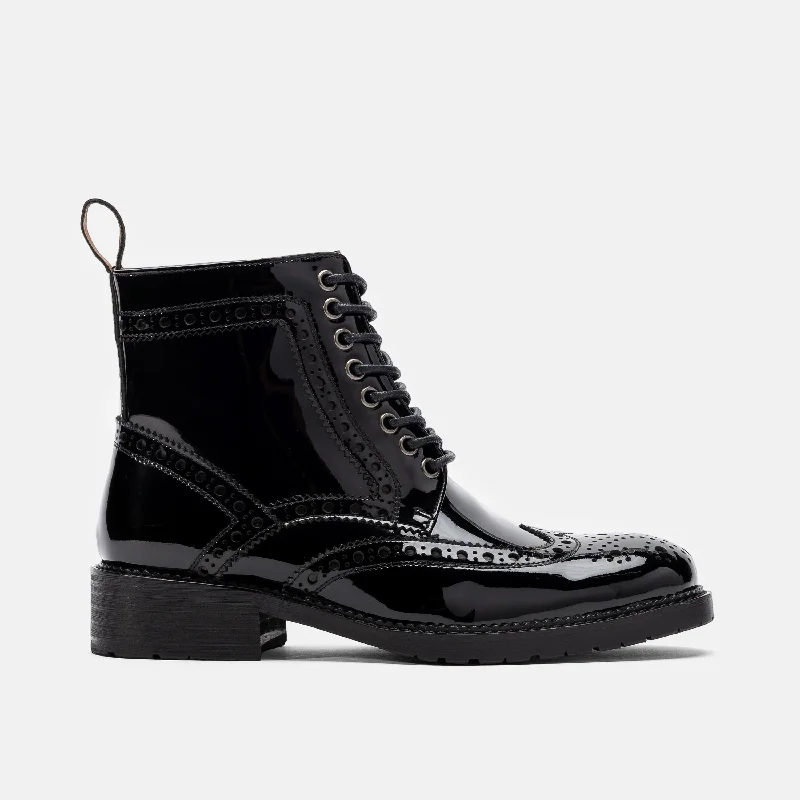 Comfy and stylish women's shoes for lounging around the houseMs. Belmont Black Patent Leather Wingtip Combat Boots