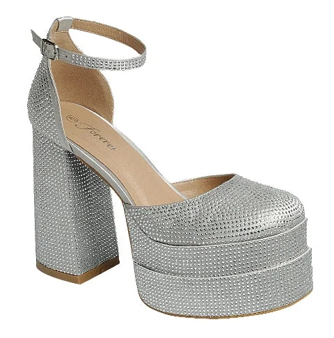 Elegantly stylish women's shoesRhinestone Ankle Strap Chunky Platform Pump (SILVER)