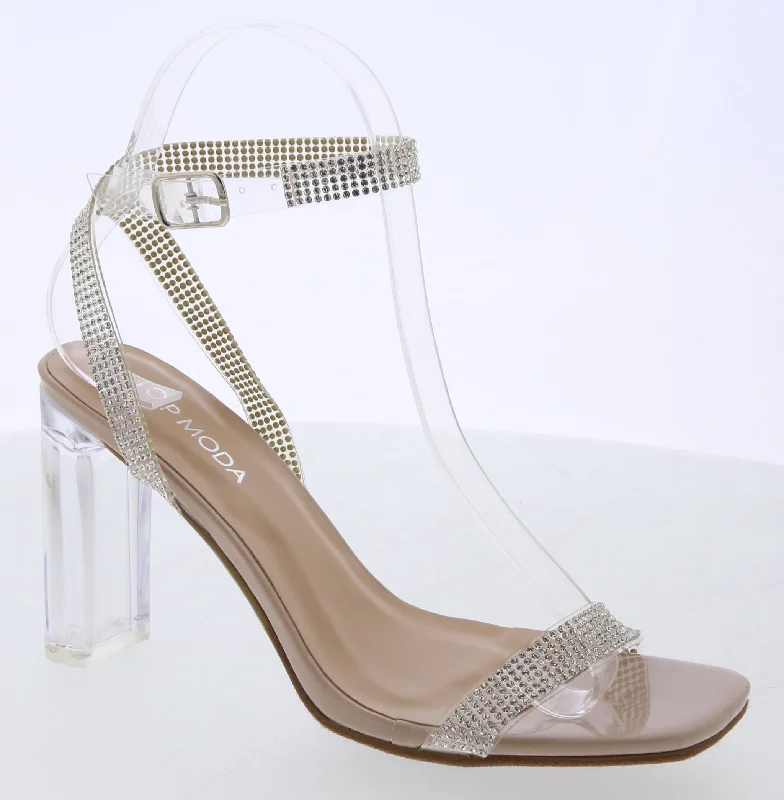 Chic and stylish women's shoes for cocktail partiesRhinestone Straps Clear Heel Sandal (NUDE)